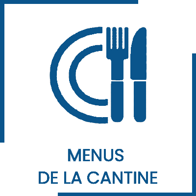 Ce bouton avec le logo d'une assiette et de couverts et contenant les mots menus de la cantine, renvoie vers la page menus cantine